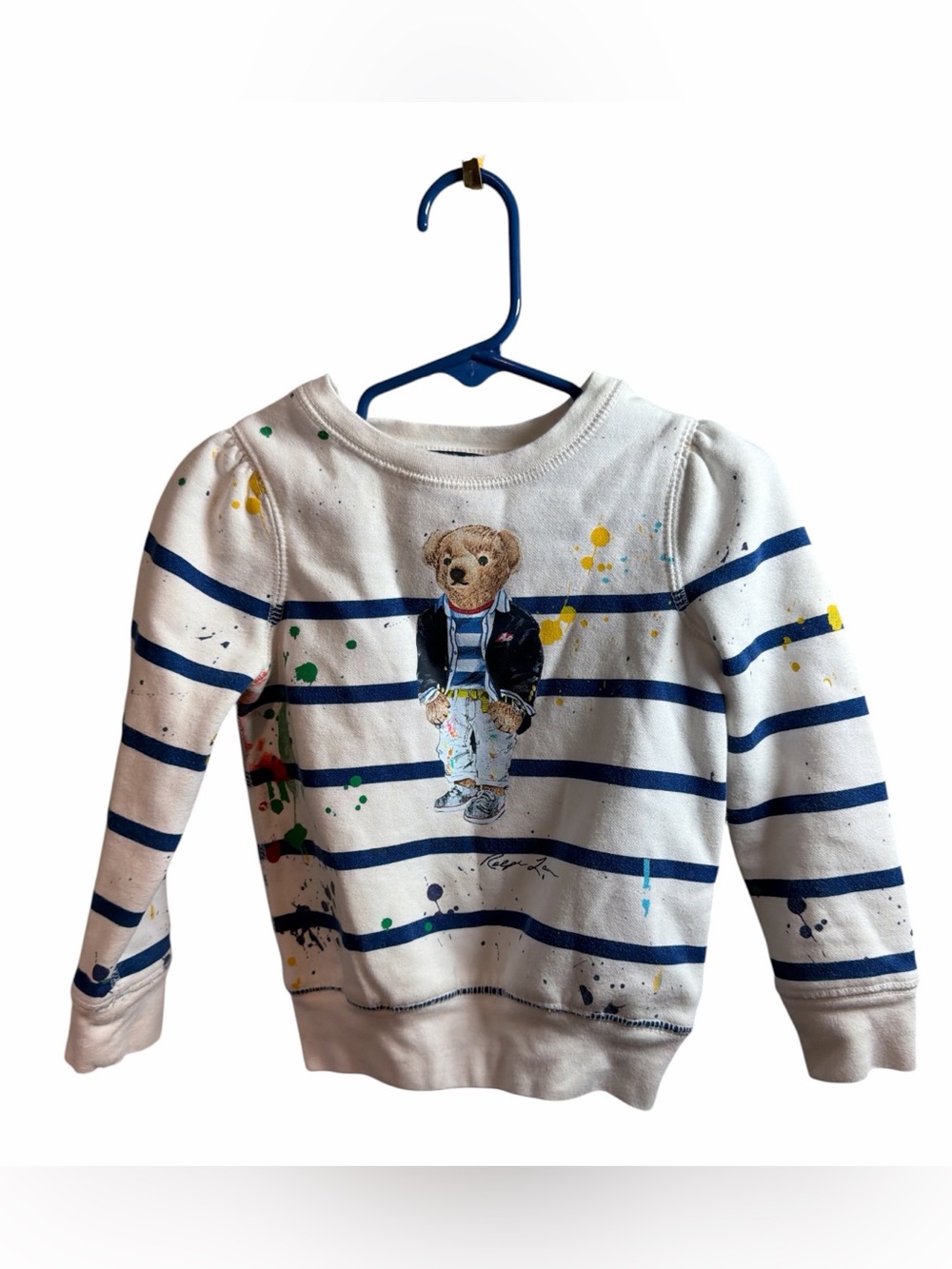 Polo by Ralph Lauren White & Navy Striped Bear Paint Splatter Sweatshirt Size 3T